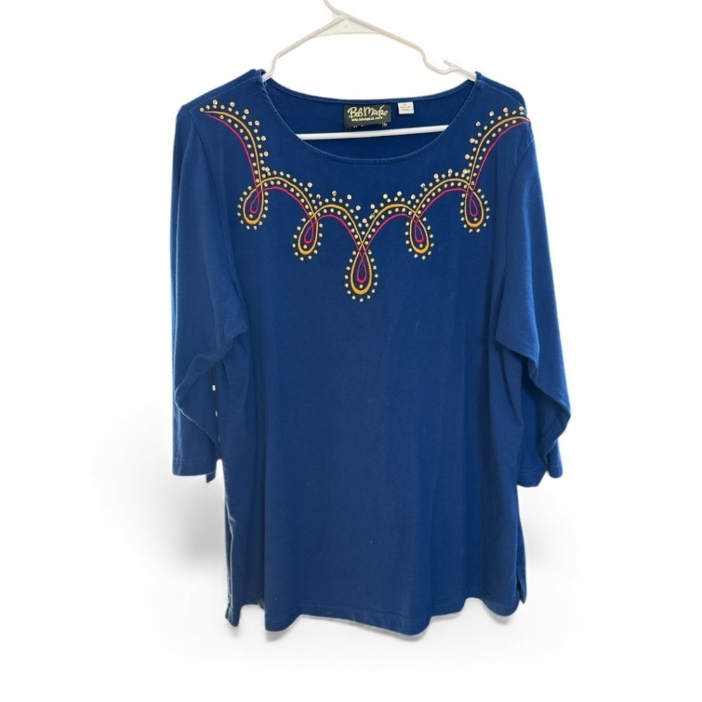 Bob Mackie Blue Embellished Cotton Top Size 1X